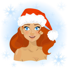 Cartoon illustration of laughing beautiful girl in Santa Claus h