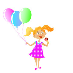 Cartoon illustration of cute girl with ice cream and balloons. V