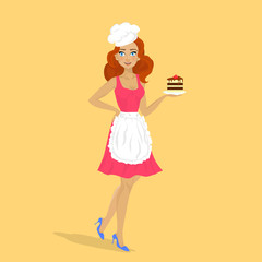 Smiling girl cook in chefs hat holding chocolate cake that she c