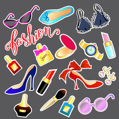 Fashion icons patch with lipstick, powder, shoes, earrings, perf
