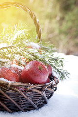 Red apples in basket in snow, outside