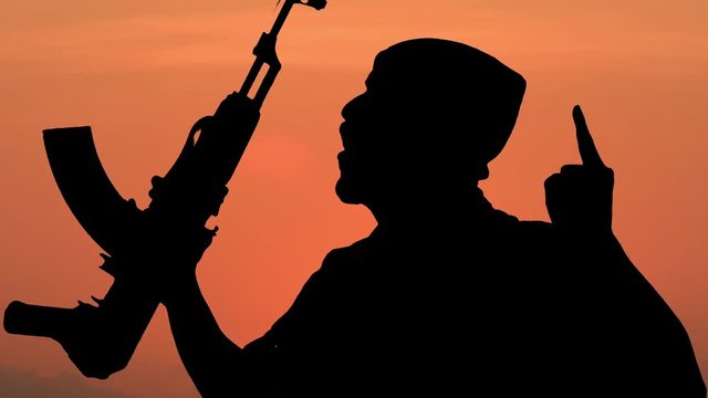 Silhouette of man with gun celebrating victory at dawn