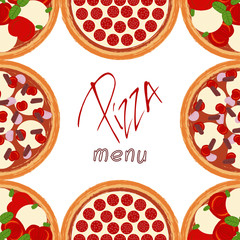 Cute funny background border frame with various pizza ingredients. With space for menu invitations promotional or different events cards text. Vector illustration eps