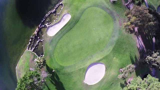 Aerial Golf Course Scene In SoCal, Bird's Eye View Of Scenic Gold Course.