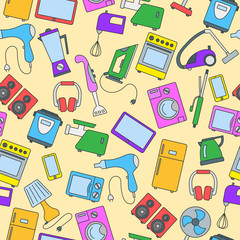 Seamless background with a simple  icons on the topic of household appliances, a colored icons on a yellow background