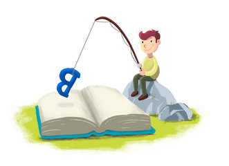 Niño pescando dentro de un libro