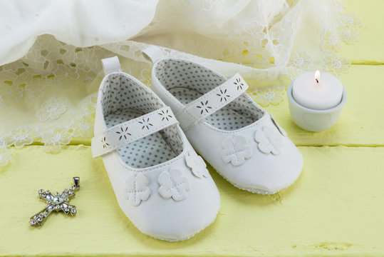 Yellow baptism background with vintage lace dress, crystal Chris