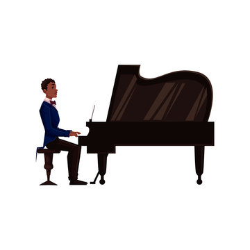 Young African American male piano player, cartoon vector illustration isolated on white background. Side view of black man in suit and bow tie playing grand piano with open lid