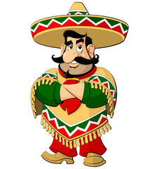 Cartoon Mexican man in a sombrero and poncho.