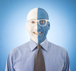 Blue and white face portait photo of a man