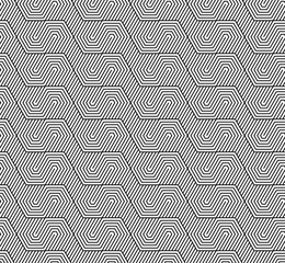 Vector seamless pattern. Modern stylish texture. Monochrome geometrical pattern. Hexagonal tiles on the background of oblique thin lines.