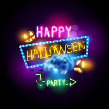Happy halloween sign with jack O Lanterns and neon letters. Vector illustration.