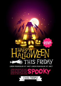 halloween party design, text and layout for october. Vector illustration.