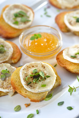 Gebackene Crostini-Partyhäppchen mit Ziegenkäse, frischen Kräutern und Feigenhonig serviert - Baked spicy crostini appetizers with goat cheese and fresh herbs served with fig honey