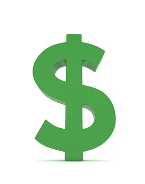 Isolated green dollar sign on white background. American currency. Money green economy symbol. 3D rendering.