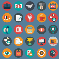 Set of various financial service items, web and technology development, business management symbol, marketing items and office equipment on background