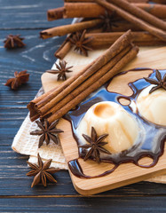 Classic italian homemade dessert panna cotta with chocolate and