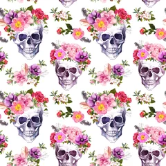 Fotobehang Doodshoofd met bloemen Menselijke schedels, bloemen. Naadloze patroon. Waterverf