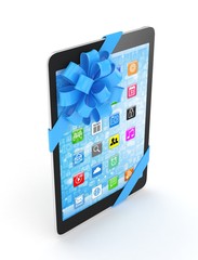 Black tablet with blue bow and icons. 3D rendering.