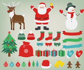 Christmas decoration elements with Santa Claus, Reindeer and Snowman. Hand Drawn. Vector
