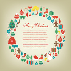 Retro Christmas card with christmas decorations. Vector