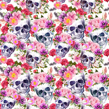 Human skulls, flowers. Seamless pattern. Watercolor
