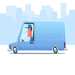 Cartoon smiling man driving a service van against the background of city. © zhitkov