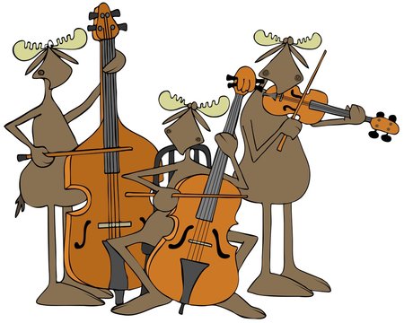 Illustration of three bull moose playing a double bass, cello and violin.