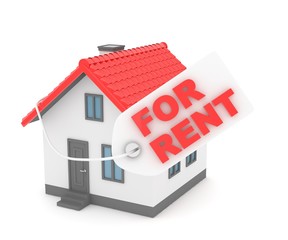 Miniature model of house real estate for rent label on white background. 3D rendering.