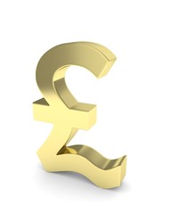 Isolated golden pound sign on white background. British currency. Concept of investment, european market, savings. Power, luxury and wealth. Great Britain, Nothern Ireland. 3D rendering.