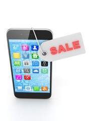 Smart phone with red sale label on white background. Best offer. Leader of sales. 3D rendering.