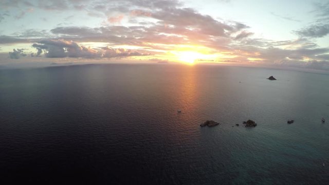 Caribbean sunset aerial, St. Barts paradise, establishing paradise.
