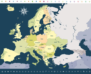 Europe high detailed political map with location icons on soft dark blue background. All elements separated in detachable and labeled layers. Vector