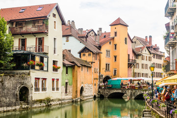 Streets, canal and Thiou river in Annecy, France