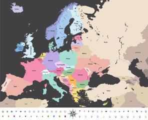 Fototapeta premium Europe high detailed vector political map with location\navigation icons. All elements separated in detachable and labeled layers 