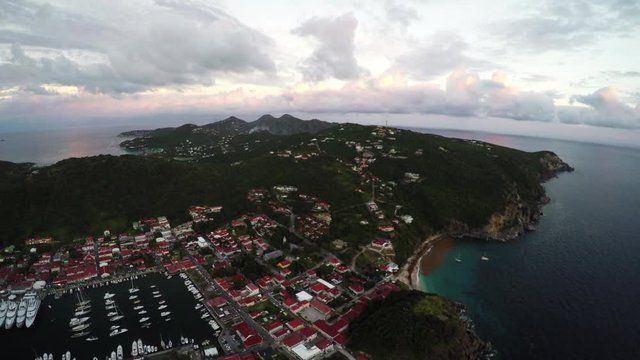 Wide scenic establishing aerial of St. Barts in the Caribbean, beauty shot,