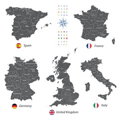 Fototapeta premium high detailed vector maps and flags of United Kingdom, Italy, Germany, France and Spain with administrative divisions. All layers detachable and labeled. 