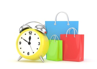 alarm clock and shopping bag (time to buy concept). 3d rendering.