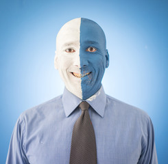 Blue and white face portait photo of a man