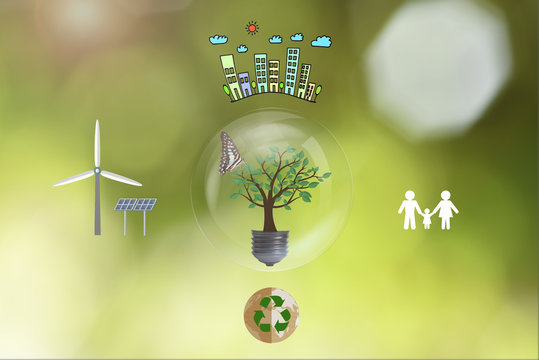 Ecology house and solar, windmill, recycle, family on green nature background