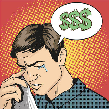 Man in stress and crying. Vector illustration in comic retro pop art style. Business failure concept