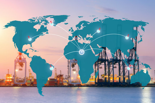 Map global logistics partnership connection of Container Cargo freight ship for Logistics Import Export background