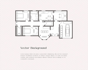 House plan background for card or banner, presentation template, real estate, social advertising or notebook cover, poster, postcard. Building with furniture. Vector illustration.