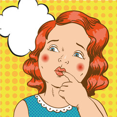 Little girl thinking about something. Vector illustration in comic retro pop art style