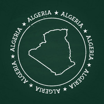 White chalk texture rubber seal with People's Democratic Republic of Algeria map on a green blackboard. Grunge rubber seal with country outlines, vector illustration.