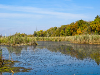 Beautiful lake and blue sky on autumn
