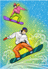 Man and woman snowboarding in mountains. Vector illustration in pop art retro style. Winter sports vacation concept