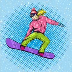 Woman snowboarding in mountains. Vector illustration in pop art retro style. Winter sports vacation concept. Girl jump with snowboard