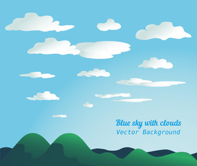 Obraz na płótnie Canvas Cloudscape concept. Blue sky with fluffy clouds background. Cloudy daylight empty green mountain landscape in sunny weather. Organized layers. Easy text replace. Vector illustration