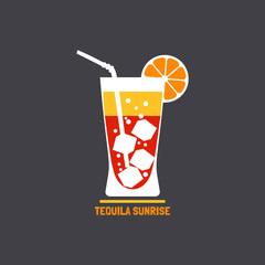 Drinks concept. Tequila sunrise Flat design icon. Cocktail in glass with orange slice. Template for logo or advertisement. Element for club event banner background. Vector illustration